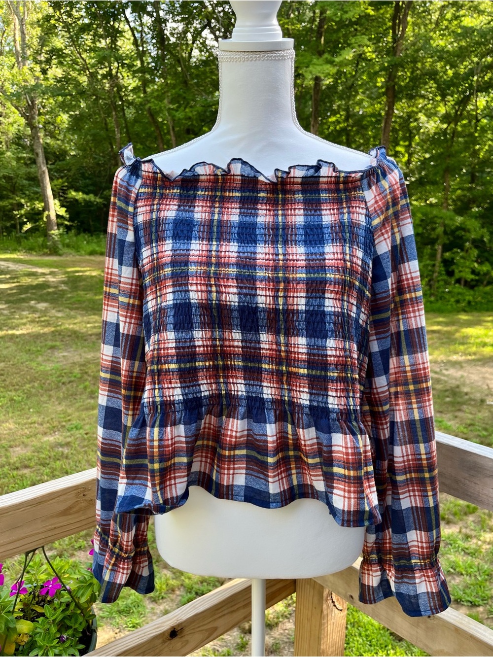 NWT 3X Plaid Smocked Off-Shoulder Top Ruffle Ruched Peplum Navy Red Boho Peasant